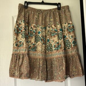 Bohemian Floral Mini Skirt - Cream & Brown with Teal Accents